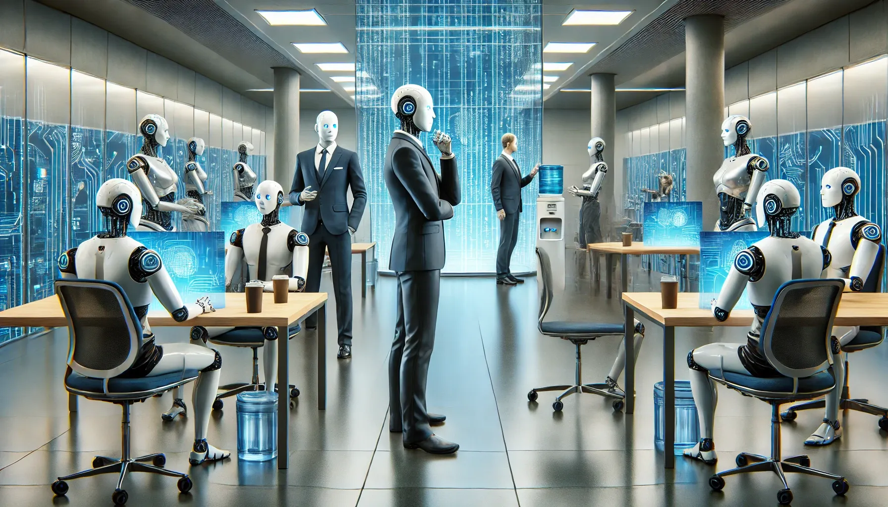 Dall·e 2025 02 25 10.14.07 A Futuristic Office Setting Where All Employees Are Humanoid Robots Engaged In Conversation. The Robots Have Sleek Metallic Bodies With Glowing Blue E